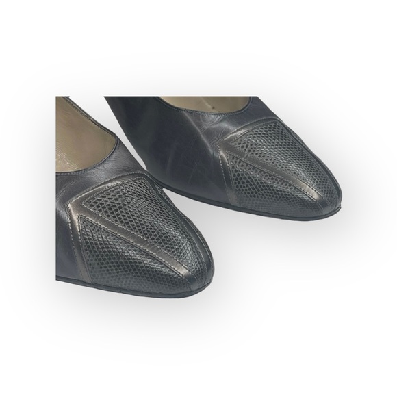 Vintage: Ferragamo x SFA ❀ Inset Croc Embossed Kitten Heel Pumps ❀ Slate Leather - Picture 12 of 16